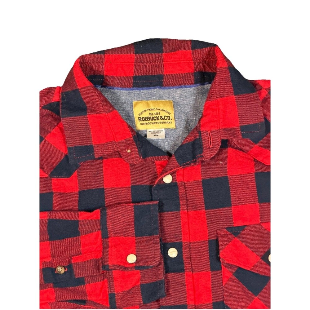 Roebuck & Co Flannel‎ Shirt Red Black Plaid Pearl Snap Western Men’s M